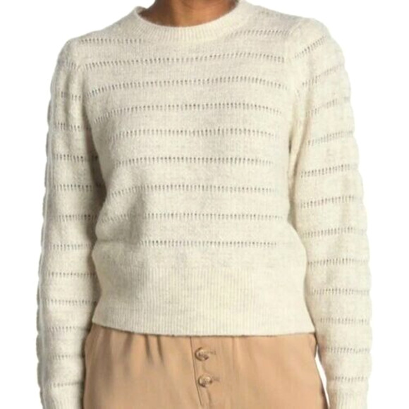 Elodie Women's Long Sleeve Open Knit Accented Crew Neck Sweater in Ivory XL - Picture 1 of 5